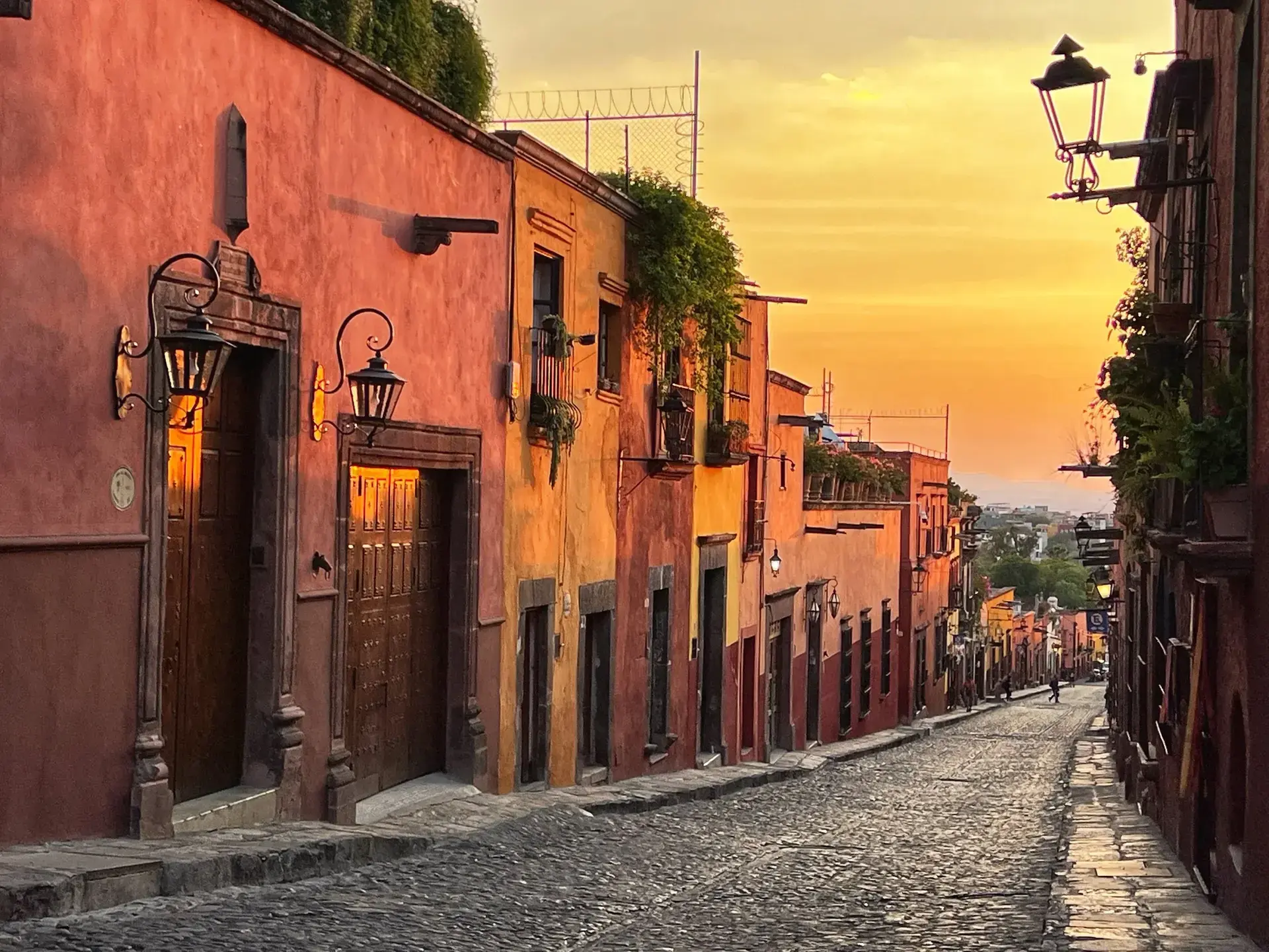 Colorful street scene at sunset in Centro, San Miguel de Allende